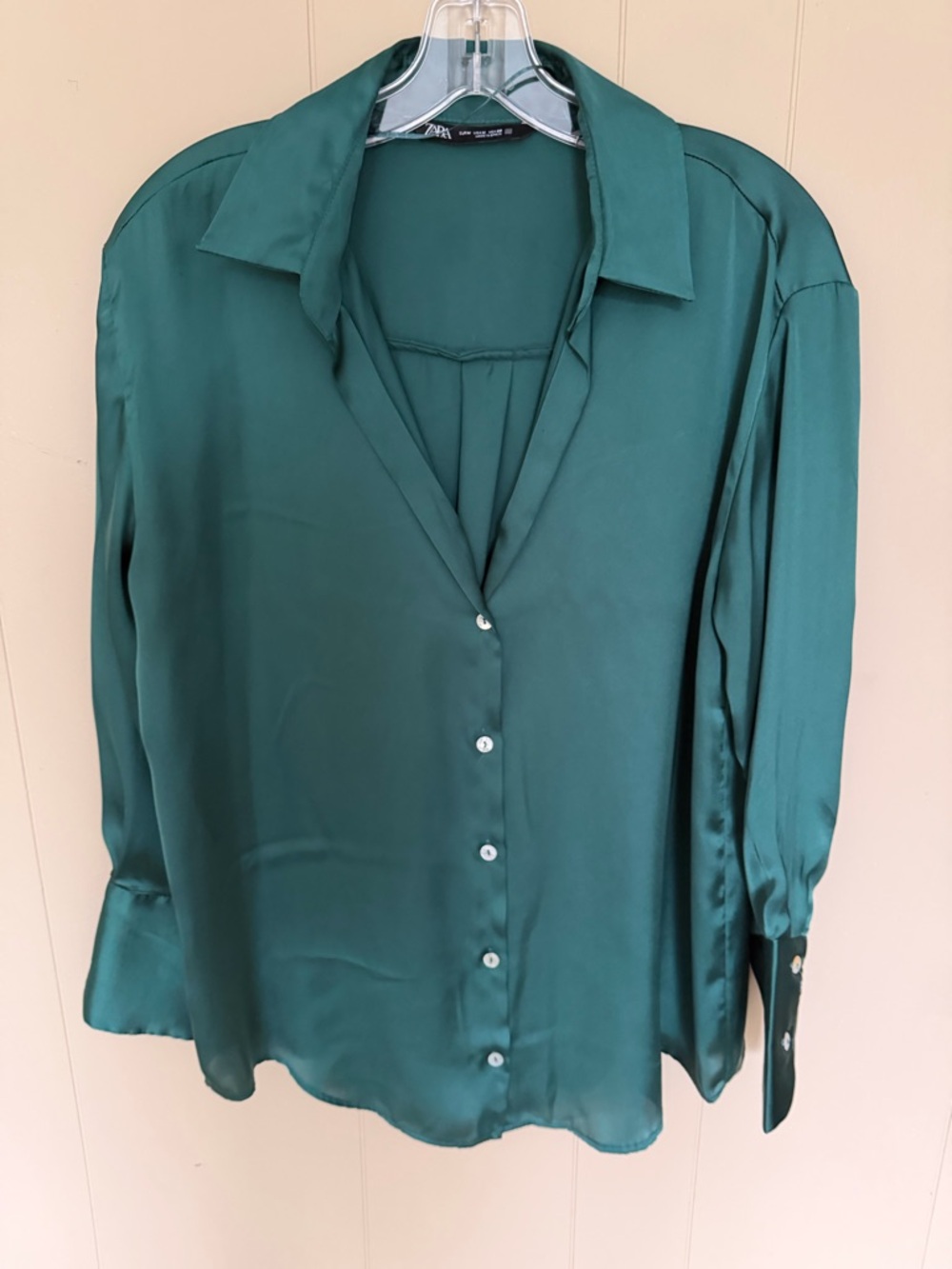 Zara Dark Teal Satin Button-Up Blouse